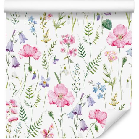 Carta da parati con delicati fiori ad acquerello per soggiorno e camera da letto, 50x1000 cm. (1/5)