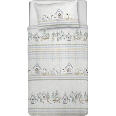 Parure de lit Simple 100% Coton, avec Sac 155 x 200 cm et 1 taie d'oreiller 52 x 82 cm, fabriquée en Italie, Housse de Couette Lavable en Machine à 40 °, Fantaisie hiboux Vert (1/2)