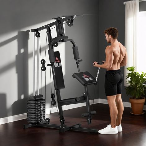 Multifunktionale Power-Tower-Fitnessstation mit Gewichten bis 45 kg und gepolsterter Bank für Heim- und Profitraining, für Brustpresse und Latzug