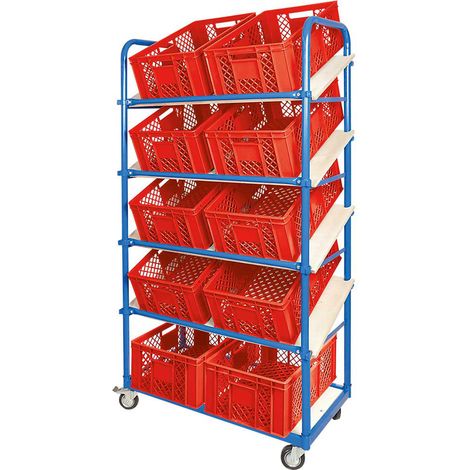 BRB Schrägboden-Regalwagen mit 5 Ebenen, 4, Lenkrollen, bestückt mit 10 Euroboxen durchbrochen 600x400x240 mm rot