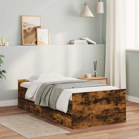 Cadre de lit plateforme avec tête de lit et lattes fixes en bois d’ingénierie, chêne fumé - PANGIVO (1/5)
