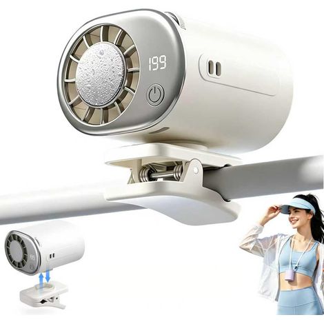 Ventilateur de voiture à pince 360°, refroidissement jusqu'à -16°C, 199 vitesses, LED, portable pour siège arrière, batterie 2000 mAh (Blanc) (1/5)