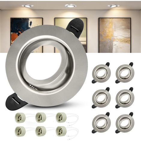 Spot Encastrable GU10 Set, Lot de 6 Cadre Spot Encastrable en Nickel Rond Avec Douille GU10, Spots LED 230V Ø 68mm, 45° Orientable Cadre de Montage pour Spots de Plafond (1/5)