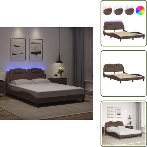 The Living Store Cadre de lit avec LED sans matelas marron 140x190 cm - Lit Plateforme - Lit Design - Lit Avec Rangement - Tête De Lit Capitonnée - Luminaire Intégré (1/5)