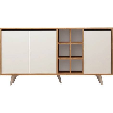 Buffet 3 portes 6 niches bois naturel et blanc Malpa 140cm (1/5)