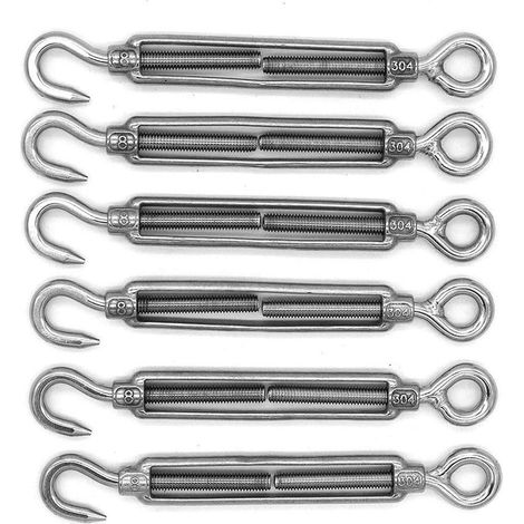 Juego de 6 ganchos y ojales M8, tensor, acero inoxidable 304, kit de herrajes de alta resistencia para tensar cables de acero, para instalación de toldos y carpas (1/5)