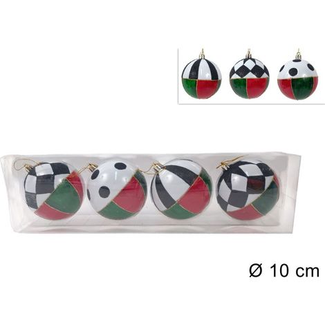PALLINE DI NATALE 10CM 4 PZ ASS ROSSO/VERDE CON DECORO SCACCHI IN BOX PVC