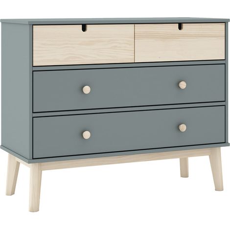 KAINA - Commode 4 Tiroirs MDF et Pin Coloris Gris Vert et Naturel (1/5)