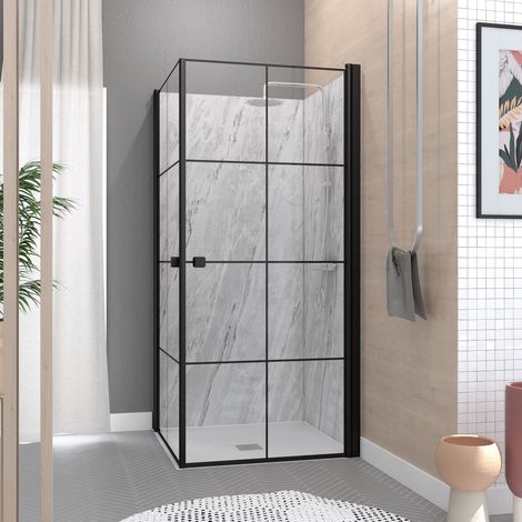 Puertas de Ducha Esquinera 90x90x190 cm - Patrones cuadrados - Perfiles Negro Mate - BLACK CUBE (1/5)