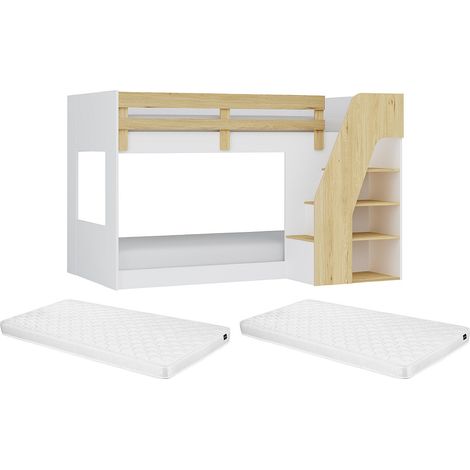 Lit superposé 90 x 190 cm - Avec rangements - Blanc et naturel + Matelas - NAROJAS