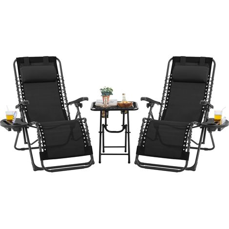 Yaheetech Set di 2 Sedie Sdraio da Giardino Zero Gravity e Tavolino con Portabicchieri, Set Sedie Pieghevoli con Poggiatesta, Portabicchieri, Pedale, Schienale Regolabile (Beige)