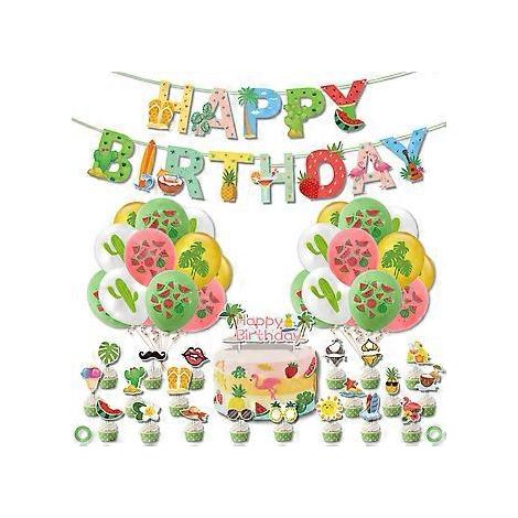 Party Spot  Décorations pour une fête hawaïenne, une fête tropicale ou une fête luau : bannière « Joyeux anniversaire », ballons multicolores, décorations pour gâteau.