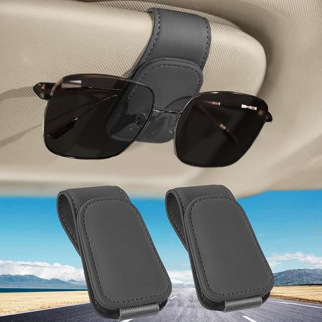 Lot de 3 Porte Lunettes pour Voiture, Cuir Clip de Support de Lunettes de Visière de Voiture, pour Lunettes de Soleil Carte Ticket, Gris (1/5)