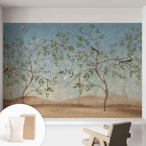 Tapete Vliestapete mit Kleber für Wohnzimmer Schlafzimmer Küche - Wanddekoration Vögel in den Bäumen 152x104 cm (1/5)