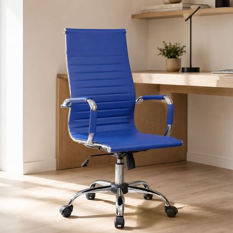 Sedia con ruote Attilia, Poltrona direzionale con braccioli, Sedia ergonomica da ufficio, Blu, 63x54h106/116 cm (1/4)