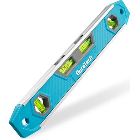 DURATECH Niveau à Bulle Magnétique 300 mm, Niveau Torpédo avec Fiole de Pente à 5 Lignes 0-12,7 mm, Corps Robuste en Aluminium, 4 Bulles Haute Visibilité (45°/0°/90°), Base Magnétique & Rainure en V