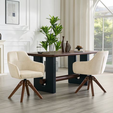 Set di 2 sedie da sala da pranzo girevoli a 360° con braccioli, tessuto crema e legno noce (1/5)