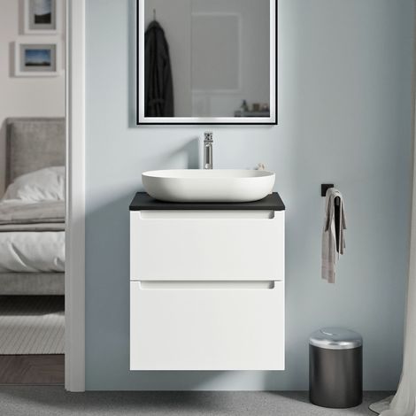 BERNSTEIN - Meuble sous vasque suspendu MDF Blanc mat, plan vasque Noir mat, tiroirs pivotants - 60x46x62cm - VIREO (1/5)