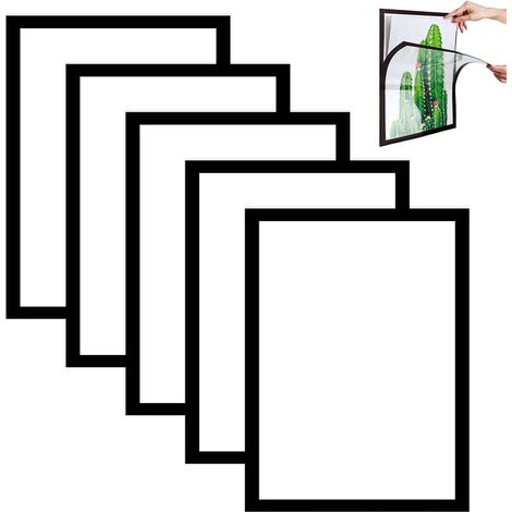 Cadre Magnétique A4 Autocollant, Lot de 5 Porte-Affiche en PVC Transparent, Cadre Photo Magnétique pour Affichage Mural, Idéal pour Bureau, Maison, Restaurant et École-Noir (1/5)