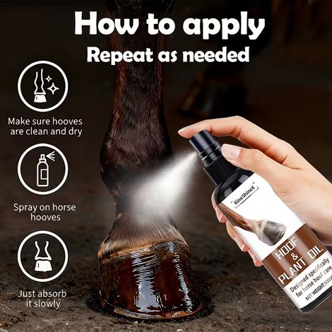 Hufeisenpflegespray spendet Feuchtigkeit, beugt Rissen vor und schützt alle Arten von Hufeisen. Hinterlässt keine klebrigen Rückstände. Reitpflege. (1/5)