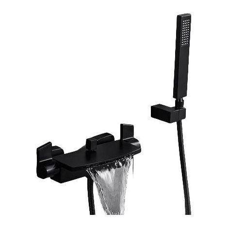 Wandmontierte Wasserfall-Armatur mit Warm- und Kaltwasser-Duschkopf (Schwarz)