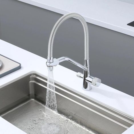 Robinet 3 Voies, Mitigeur De Cuisine Flexible, Robinet Cuisine Rabattable,Robinet D'Évier D'Eau Potable Réglable À 360° (Double Poignée), Corps En Laiton, Chrome, Argent (1/5)