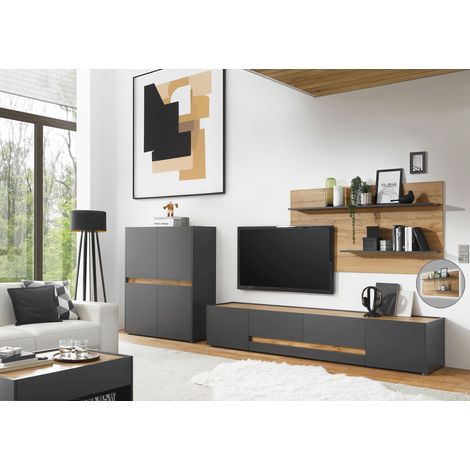 Moderne TV-Wohnwand CRISP-61 in anthrazit mit Absetzungen in Wotan Eiche Nb., B/H/T: ca. 360/180/45 cm (1/5)