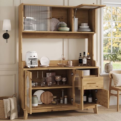 Buffet haut salle à manger 120x40x178 cm, meuble de rangement multi-étagères, avec prise électrique intégrée et ports USB-C/USB-A, finition bois naturel. (1/5)