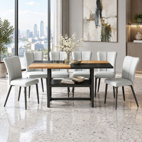 Ensemble table à manger 160x90x76 cm MDF métal brun noir, 6 chaises, rangement – MEUBLIV (1/5)
