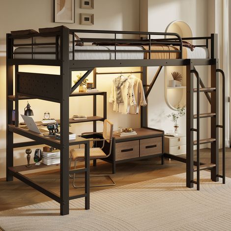 Lit mezzanine enfant 140x200 cm, port USB et LED, panneau perforé, étagères, tiroirs, bureau, barrière, tringle à vêtements, noir (1/5)