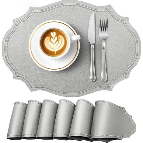 Manteles individuales, juego de 6 piezas, forma ovalada, antideslizantes, impermeables, resistentes al calor, aptos para uso interior y exterior, 43 x 30 cm, color gris. (1/5)