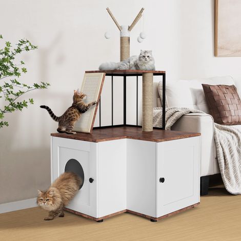 Meuble cache-litière 2-en-1 avec arbre à chat 124 cm – armoire fermée en bois avec rangement, griffoir (poteau + planche) & balles suspendues – Blanc (1/5)