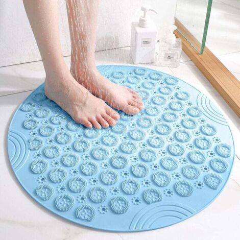 Tapis de bain de massage rond TEP Antidérapant Antibactérien et résistant à la moisissure Lavable en machine Avec trous de drainage et ventouses 55 x 55 cm Bleu (1/4)