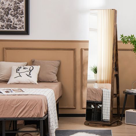 Armoire à Bijoux Pivotante 360° LED 3 Couleurs, Miroir Pleine Longueur, Étagère 3 Niveaux, Marron Rustique CW21457 (1/2)