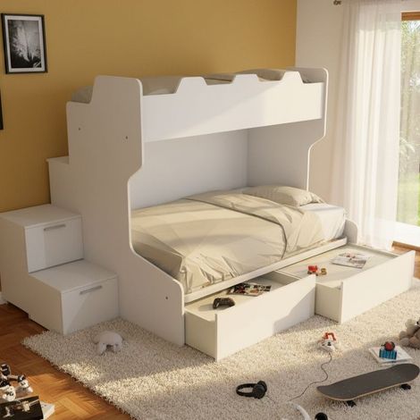 Letto a castello con gradini a cassetti e passerella - Una piazza e mezza e singola - Bianco