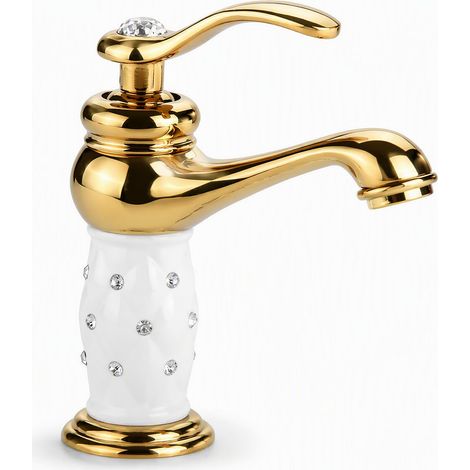 Robinet de Mélangeur en Laiton Massif Waschbecken Or, Robinet d'eau Chaude Froide avec Ornements pour évier de Bassin doré (1/5)