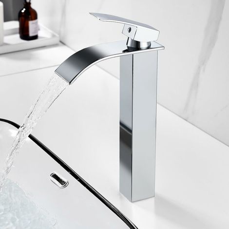 YMYNY Wasserfall-Waschtischarmatur, Chrom, Badezimmerarmatur mit Auslauf, höhenverstellbar, Warm- und Kaltwasser-Waschtischarmatur aus Messing, quadratisch, G 3/8 (1/4)