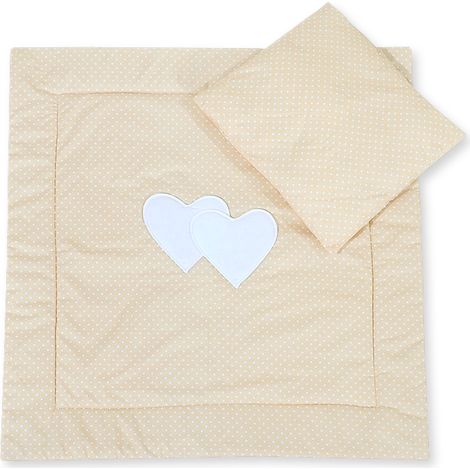 Ropa de cama para cochecito con edredón y relleno de almohada - Corazones y puntos sobre fondo beige