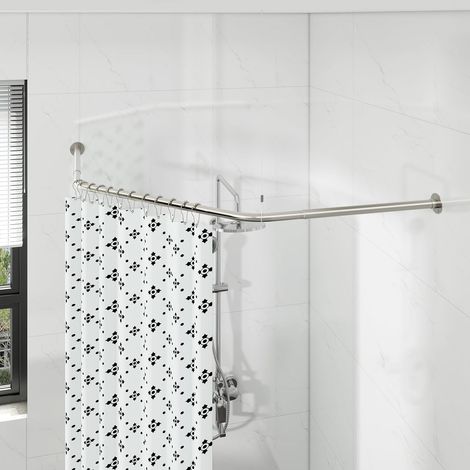 Tringle à rideau de douche en forme de diamant, barre de douche d'angle réglable avec 12 anneaux de rideau et support de plafond pour baignoire/salle de bain, montage par perçage requis [Deux côtés (1/5)