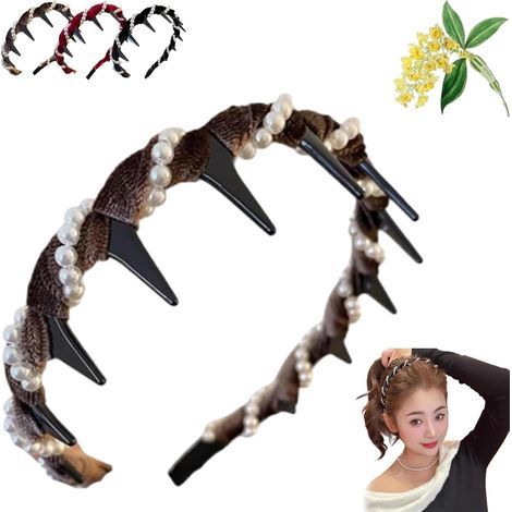 Fascia per capelli vintage con perle artificiali, modello Cranium, elegante anello per capelli, accessorio per capelli di tendenza, strumento per trecce antiscivolo con perle grandi (caffè, taglia uni (1/5)