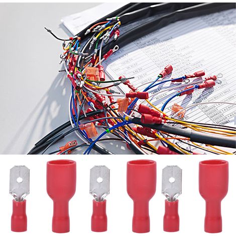 Lot de 100 cosses à sertir mâles et femelles avec capuchon de protection isolant, références MDD1.25-250x50 et FDFD1.25-250x50 (rouge). (1/5)