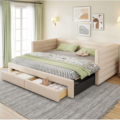 Cama tapizada multifunción moderna beige 90x190 cm, extensible a 180x190 cm, con 2 cajones y somier de láminas (1/5)