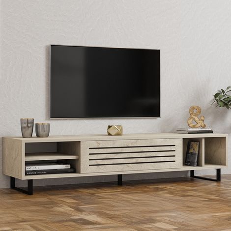 Mueble TV Sovico, un estante, una puerta, 5 compartimentos, 160x40x35h cm Beige Mármol (1/5)