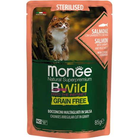 Monge BWild Cat Sterilised Salmone con Gamberi e Verdure in Salsa 85g (1/2)