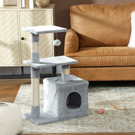 Arbre à chat tour de jeux pour chats poteaux en sisal, 2 plate-forme, niche, balle, tissu peluche, 50x30x81,5cm, gris (1/5)