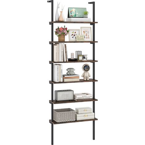 COSTWAY 6-Tier Ladder Shelf Wall Mounted Bookshelf with Metal Frame