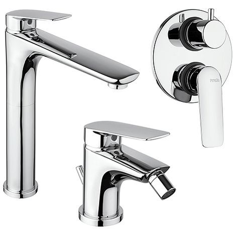 Set Rubinetti Piralla per lavabo alto e bidet con scarico automatico e doccia incasso con deviatore serie Lago cromato (1/5)