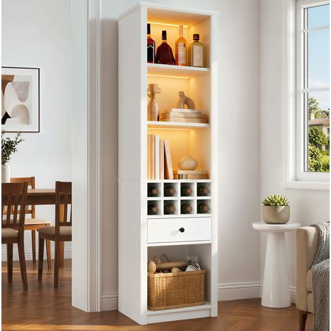 Vetrina alta con LED e porte USB, credenza da cucina con 1 cassetto, 12 scomparti, 55x40x200 cm, MDF bianco opaco (1/5)