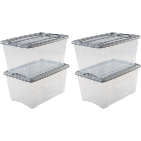 Iris Ohyama, Lot de 4 boîtes de rangement, 45 L, avec clips, empilable - NTB-45 - L58 x l39.5 x H30.5 cm, Gris / Transparent