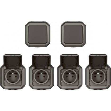 Lot de 2 va et vient + 4 prises de courant Plexo saillie - anthracite - LEGRAND